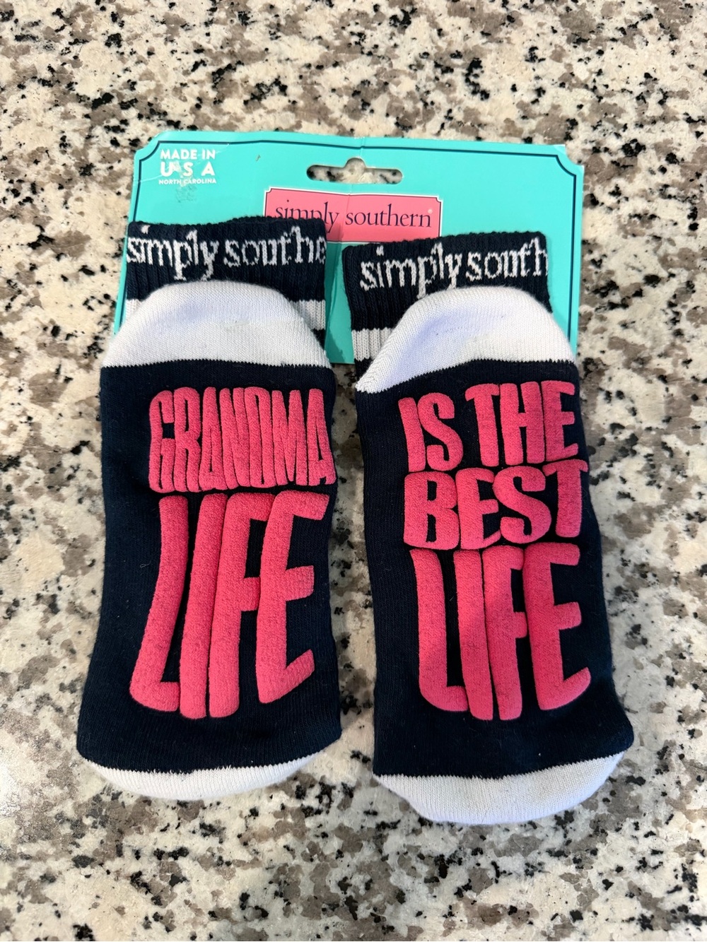 Simply Southern Navy Long Socks with Pink Text - Grandma Life